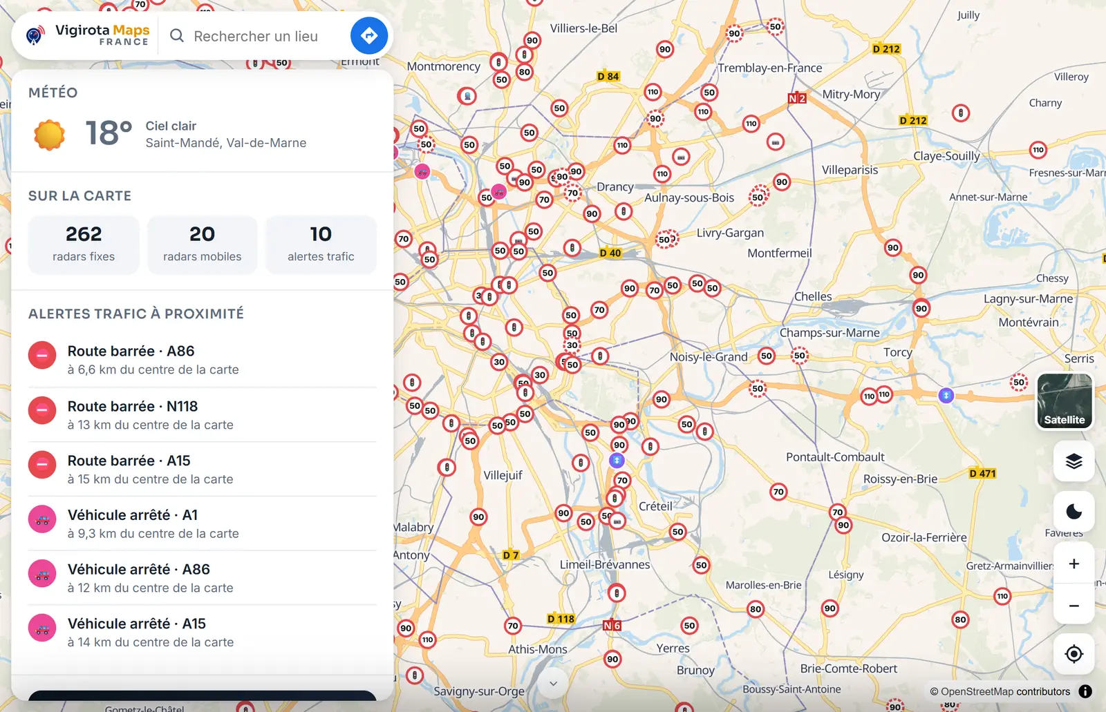 The Vigirota Maps map: speed cameras, speed limits, roadworks and traffic alerts around Paris