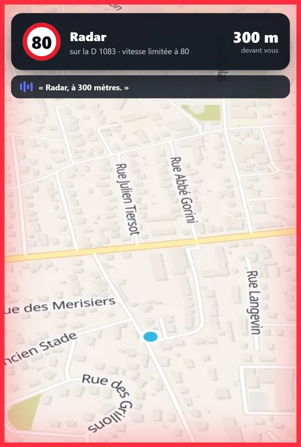Vigirota warns of a speed camera: red frame, distance and speed limit on screen