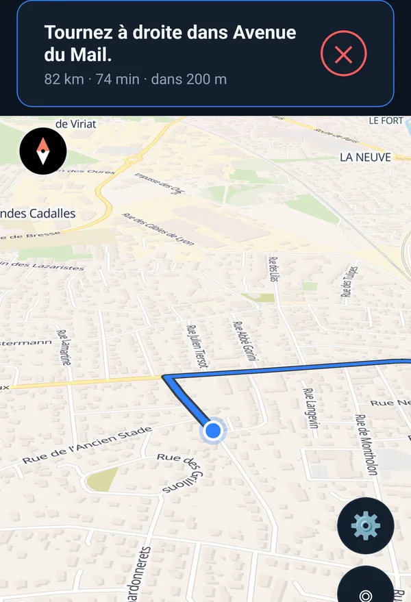 Navigation dans Vigirota Radar avec l'annonce de la prochaine manœuvre