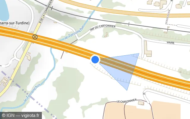 Vue plan de l'emplacement du radar de vitesse moyenne à Vindry-sur-Turdine