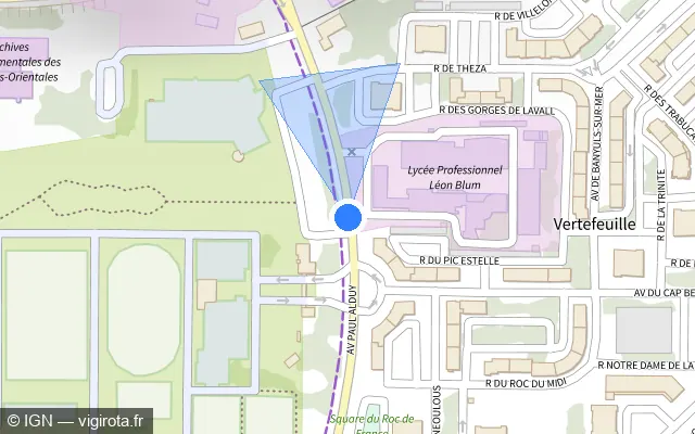 Vue plan de l'emplacement du radar de feu rouge à Perpignan
