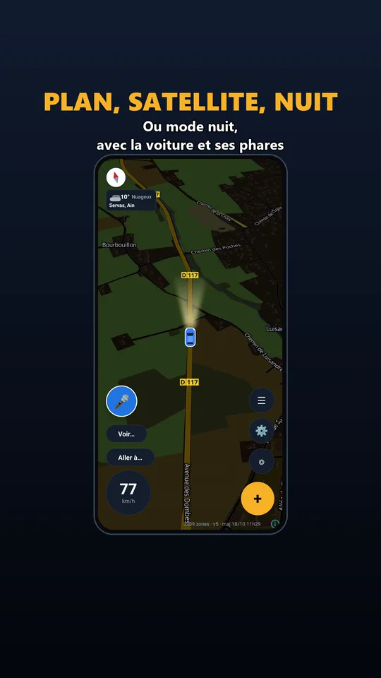 Carte de Vigirota en mode nuit : la voiture et ses phares allumés sur la route